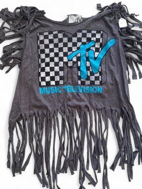 New Handmade cut Gray MTV Music Television graphic tee with blue MTV logo